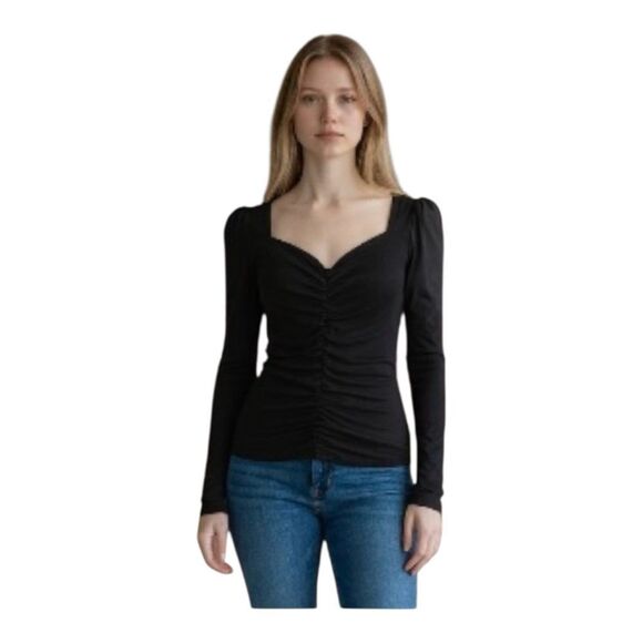 Generation Love Tops - Generation Love Black V-neck Ruched Stretch Shirred Long Sleeves Blouse/Top XS/S